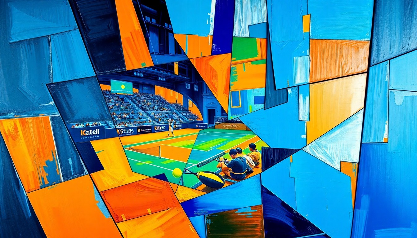 A fragmented, cubist-style painting depicting the dynamic movements and explosive energy of a tennis match, with sharp geometric shapes and bold, vibrant colors capturing the essence of the modern game.