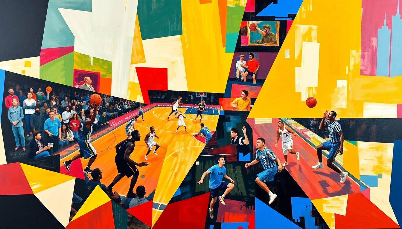 A fragmented, multi-perspective painting in the style of Pablo Picasso, depicting the movements and energy of a basketball game between the Utah Jazz and Dallas Mavericks. Geometric shapes and planes overlap to create a dynamic, abstract composition that captures the essence of the game without showing any identifiable players or court features.
