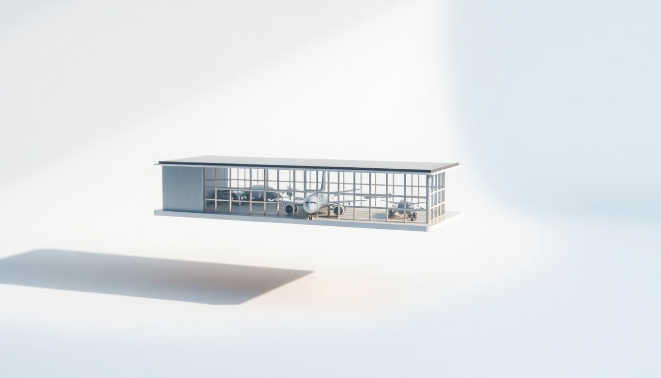 A photorealistic studio still-life image featuring a sleek, modern airport terminal model made of polished metal and glass, floating on a clean, monochromatic background and dramatically lit to symbolize the growth of global trade and air travel.
