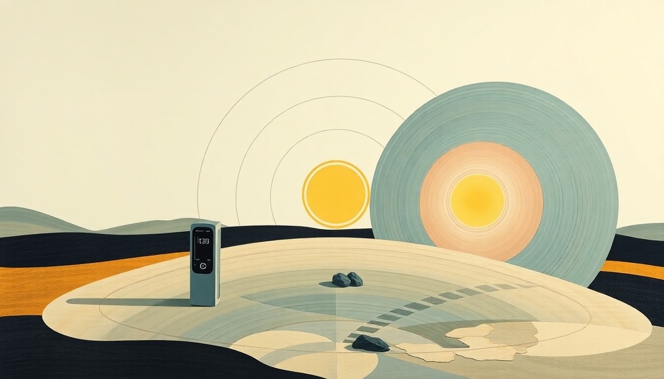 An abstract, highly structured painting in soft, flat colors featuring sweeping geometric arcs, concentric circles, and precise botanical spirals, conceptually representing the renewable energy and interdisciplinary design of MIT's new solar-powered charging station.