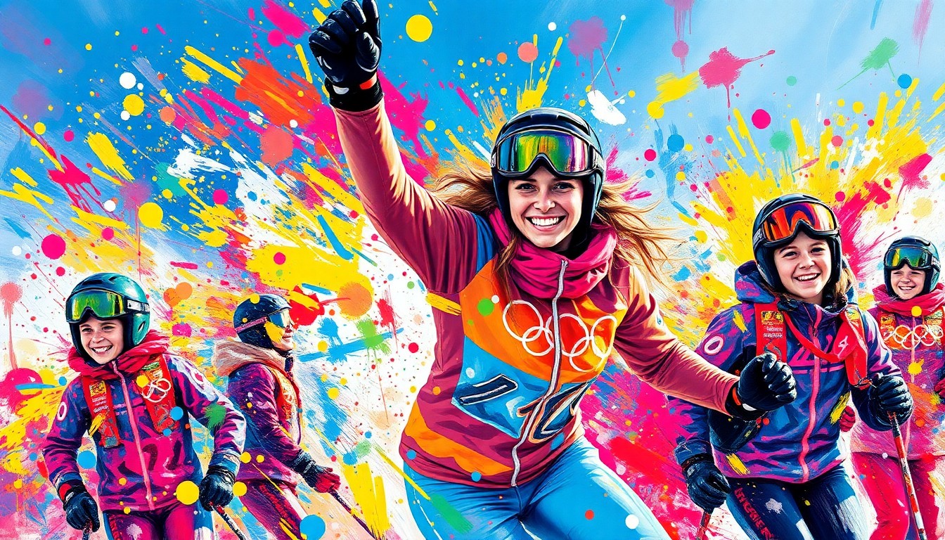 A vibrant, expressionist painting depicting the raw athletic energy and skiing movements of Mikaela Shiffrin and the young girls she inspired, with faces and figures dissolving into unrecognizable splatters of neon color.