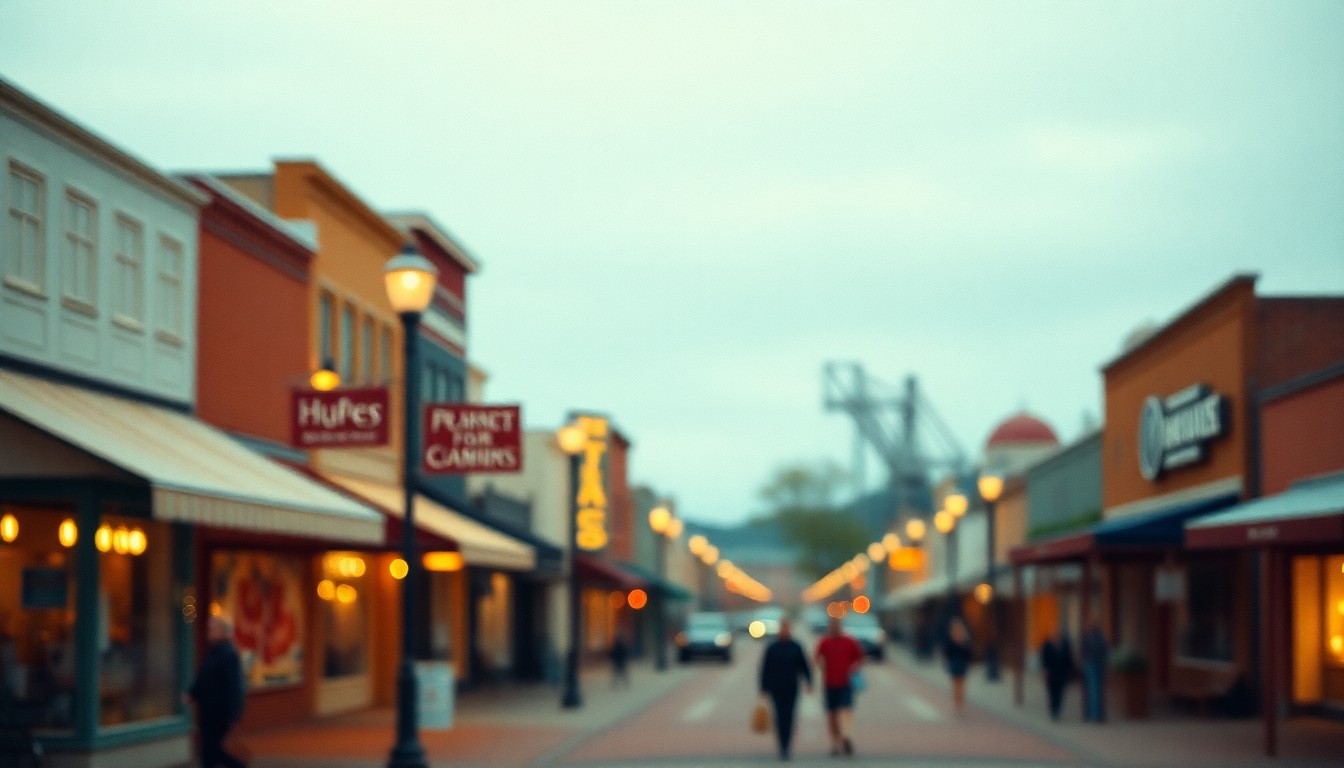 An abstracted, out-of-focus photograph in warm tones depicting the blurred silhouettes of buildings, street lamps, and pedestrians on a small-town main street, conveying a sense of community and nostalgia.