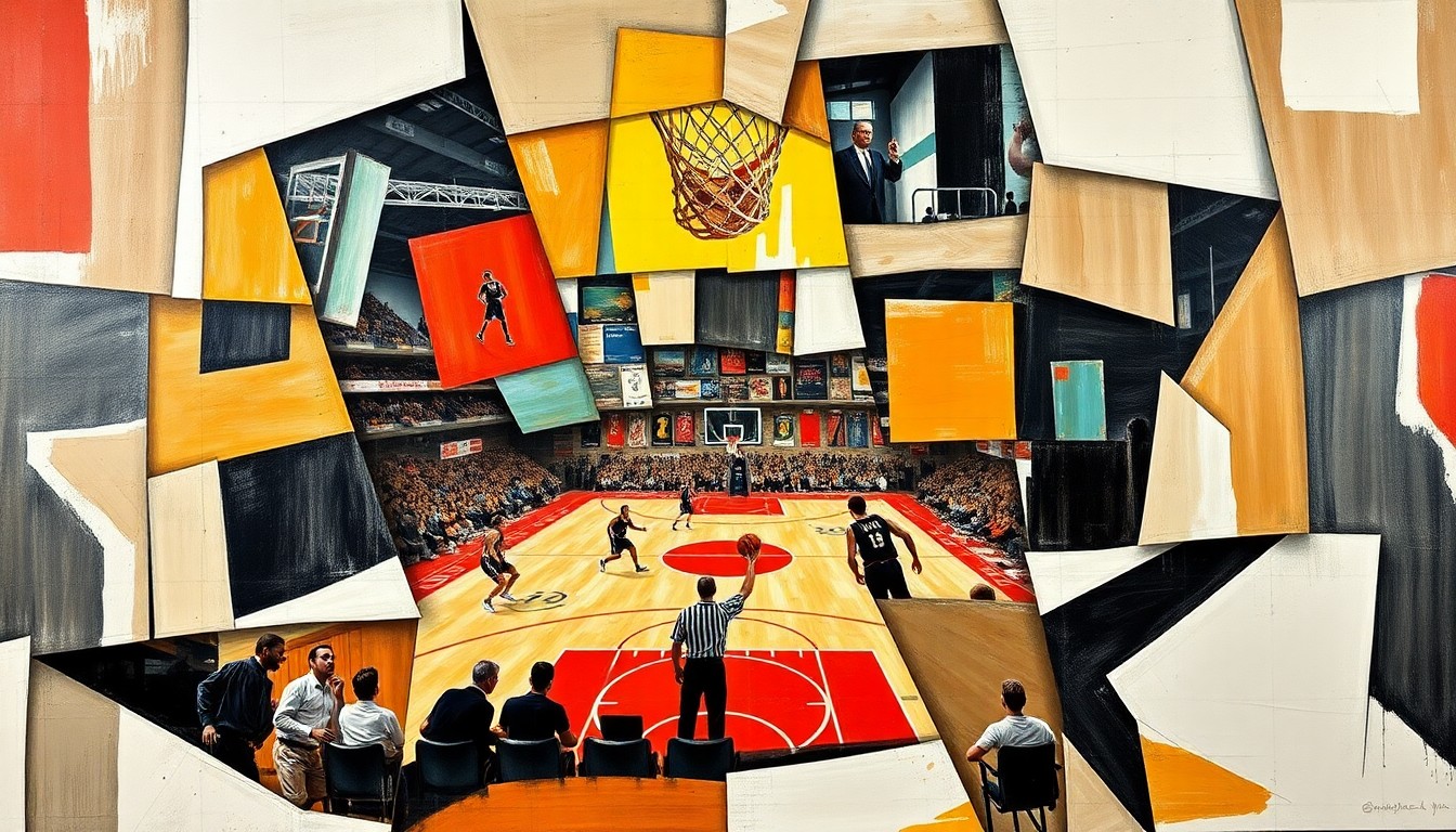 A cubist-style painting depicting a basketball game or match, with the players and court broken down into sharp, overlapping geometric shapes and planes, conveying the dynamic energy and movement of the sport.