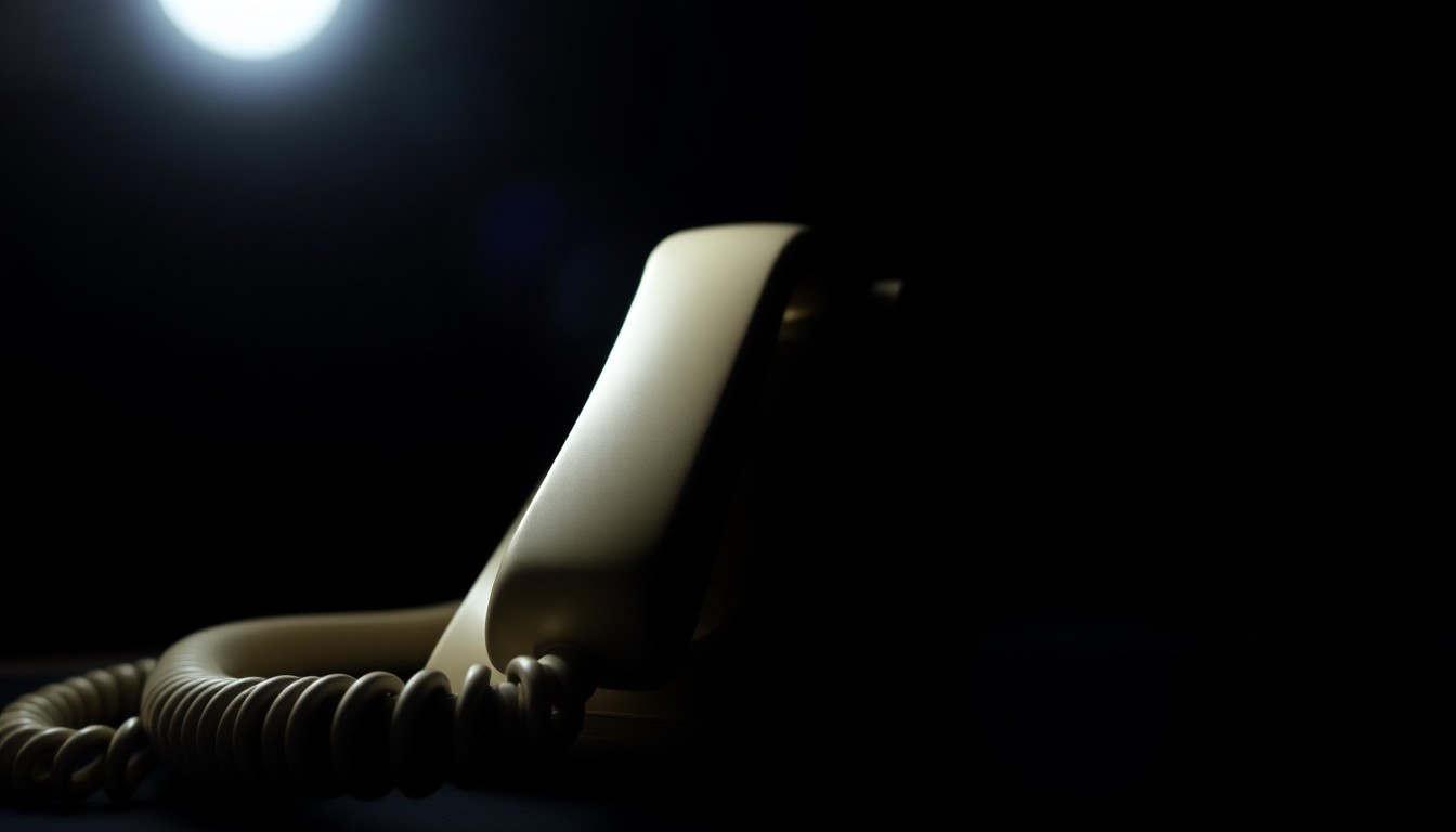 An extreme close-up photograph of a telephone handset against a pitch-black background, lit by a harsh, direct camera flash, conceptually representing the impersonal, investigative nature of an alleged impersonation crime.