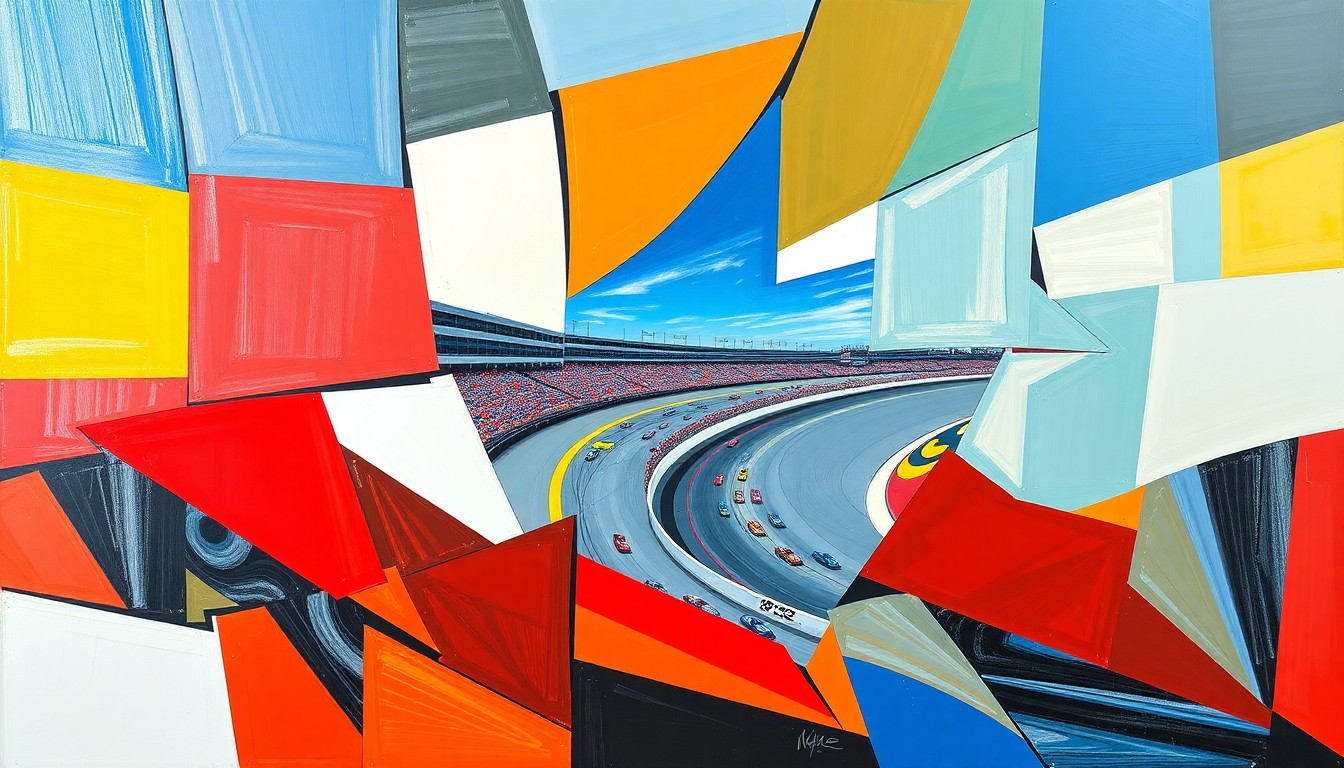 A fractured, cubist-style painting depicting a NASCAR race at Bristol Motor Speedway, with sharp, overlapping geometric shapes in vibrant colors representing the action and energy of the event.