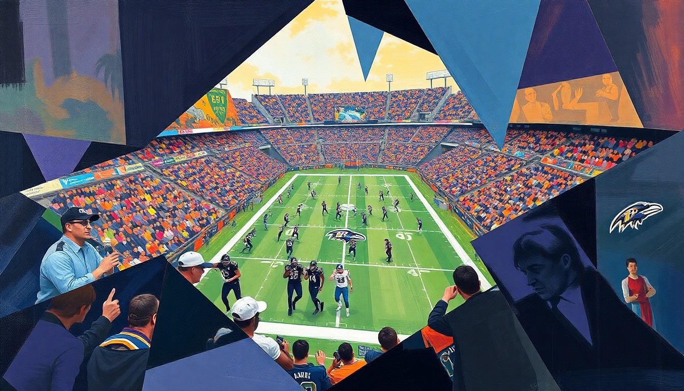 A fragmented, cubist-style painting depicting various football players and draft prospects in overlapping geometric shapes and planes, conveying the Ravens' strategic approach to the 2026 NFL Draft.