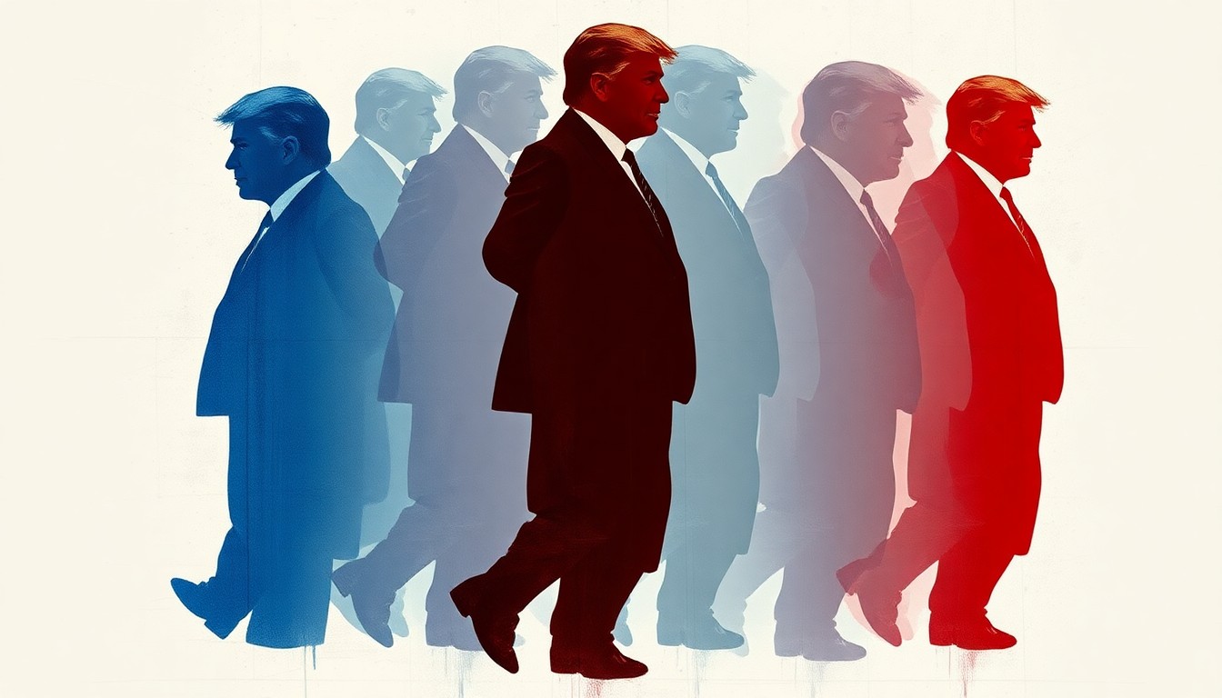 A highly stylized, abstract painting featuring a silhouetted figure repeated in overlapping, geometric waves of color in shades of blue, grey, and red, conveying a sense of political tension and fragmentation.