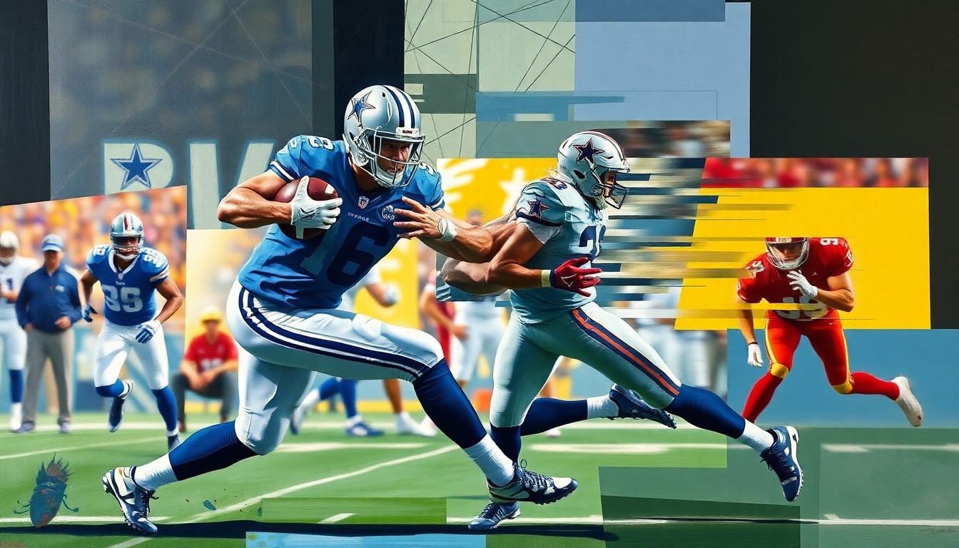 A fragmented, geometric painting depicting the movements and positioning of a Dallas Cowboys defensive back covering a wide receiver, with the players' forms broken down into sharp, angular shapes and planes.