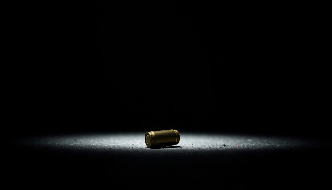 An extreme close-up photograph of a single spent bullet casing on the ground, reflecting a faint glimmer of light against a pitch-black background, conceptually representing the aftermath of a violent crime.