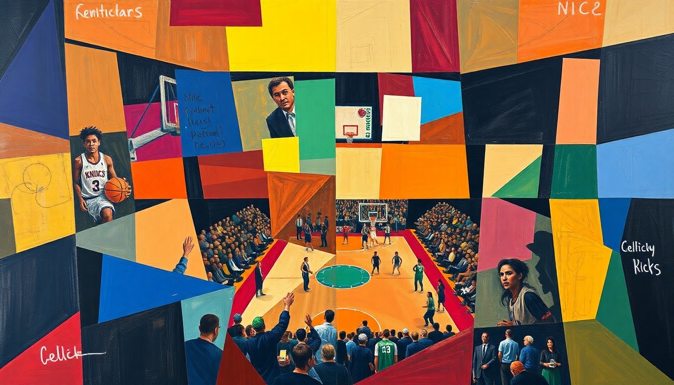 A cubist, geometric painting depicting a basketball game, with overlapping shapes and planes representing the dynamic action on the court.