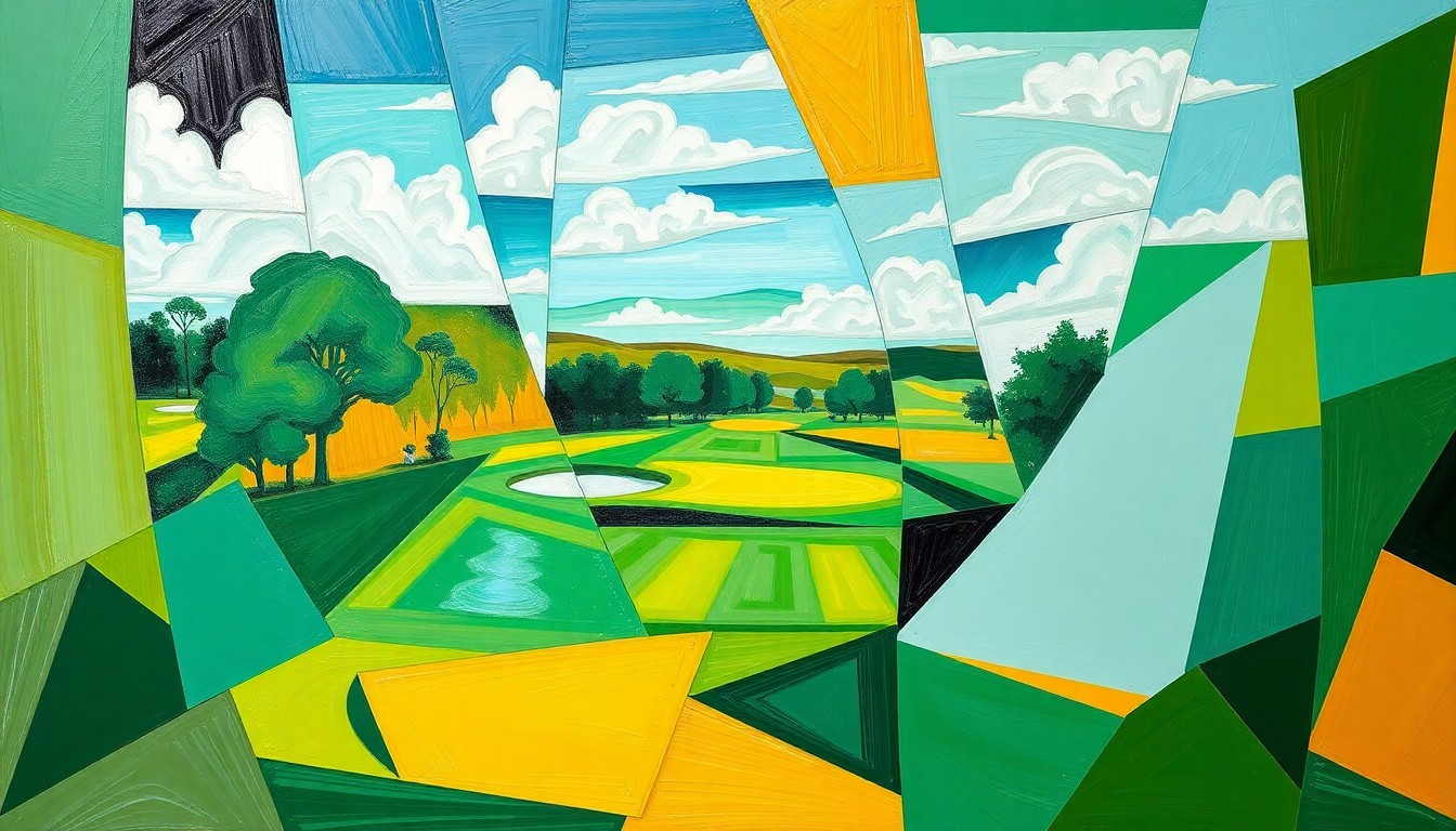 A cubist, geometric painting depicting a women's golf tournament, with sharp, overlapping planes of color representing the dynamic action and competition of the event.