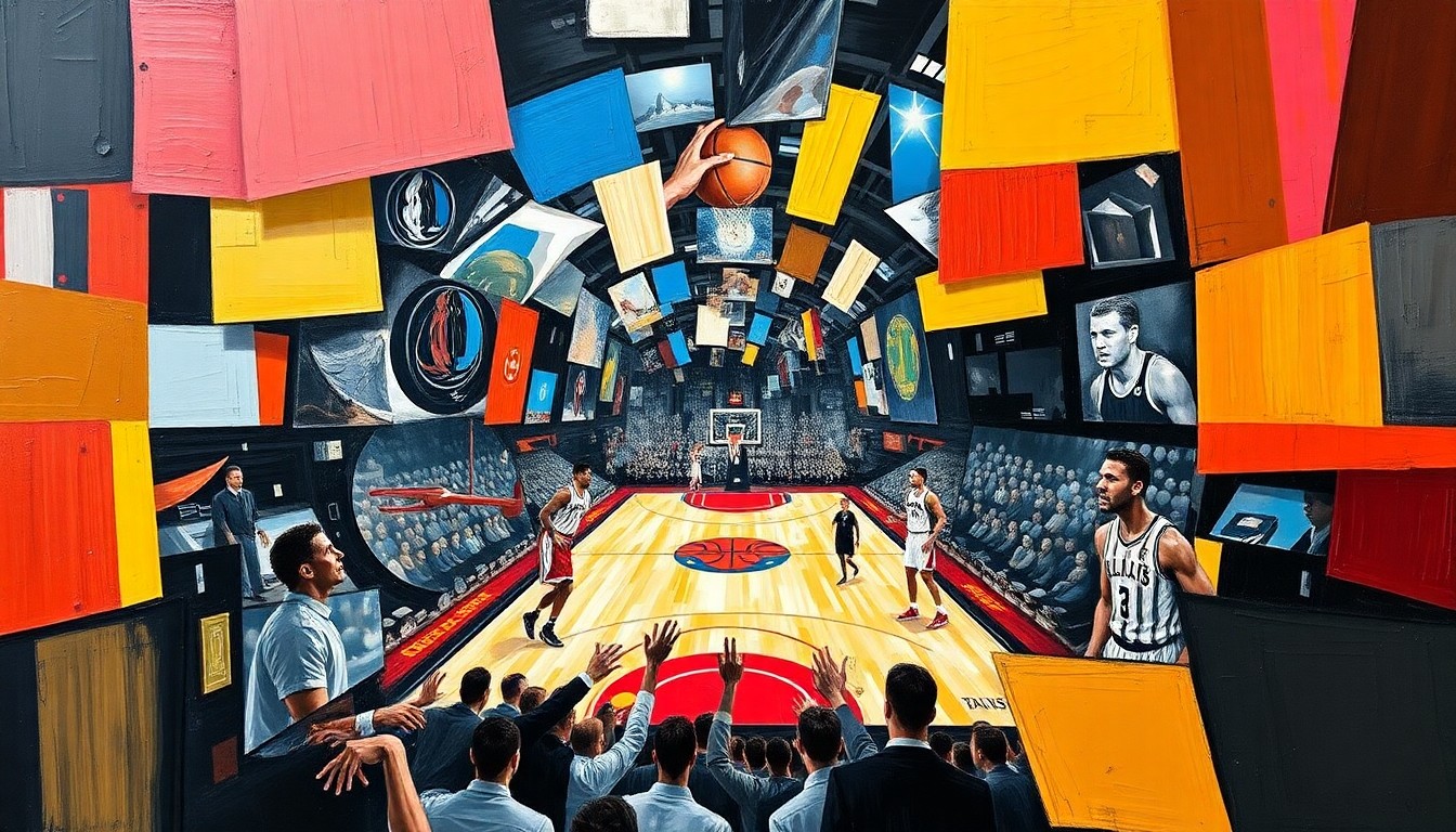 A cubist-style painting depicting a fragmented, geometric basketball game scene with players and the court broken down into sharp, overlapping shapes and planes in a variety of bright colors.