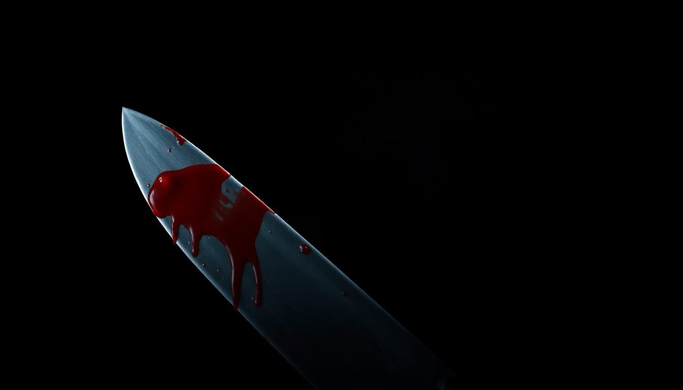 An extreme close-up of a single bloody knife blade reflecting a harsh white light, conceptually illustrating the violence of a stabbing incident.