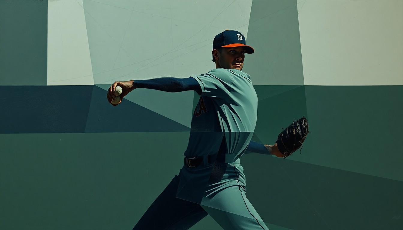 A fractured, multi-perspective painting breaking down a baseball pitcher's windup and delivery into sharp, overlapping geometric planes in muted tones of navy, forest green, and charcoal grey, conceptually representing the White Sox's hope that their top pitching prospect can stabilize their rotation.