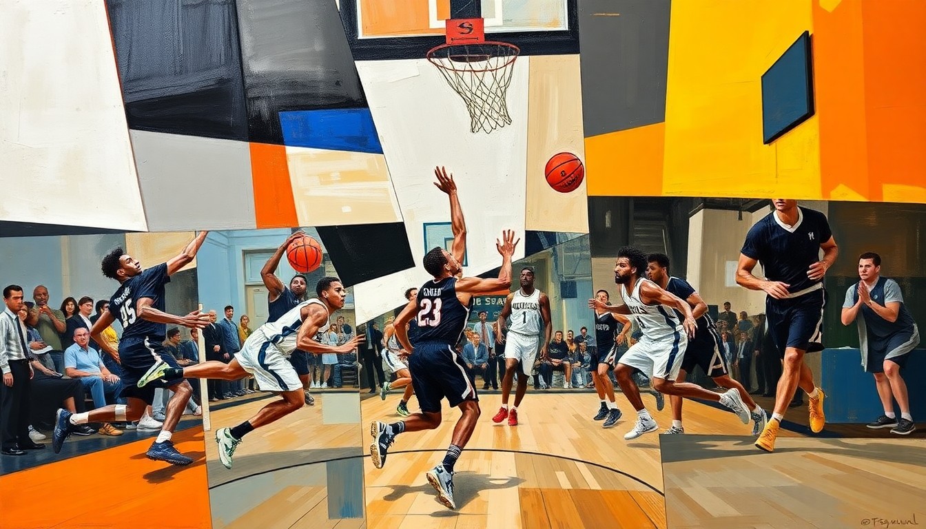 A cubist, geometric painting depicting the dynamic movements and energy of a college basketball game, with overlapping planes of color and shape representing the players and action on the court.