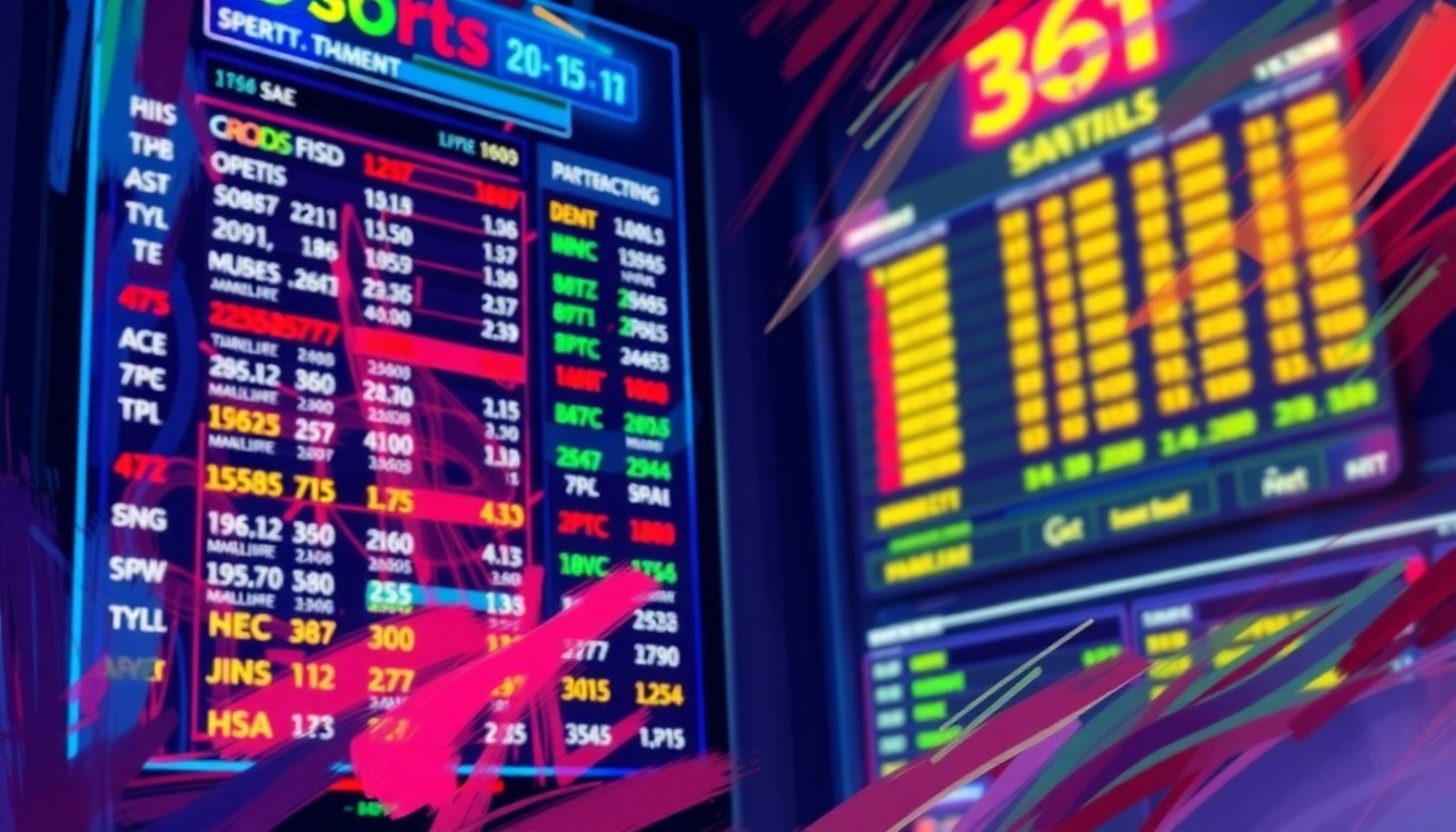 An abstract, expressionist painting in vibrant neon colors depicting sports betting odds and statistics on a digital display, capturing the energy and excitement of sports betting.