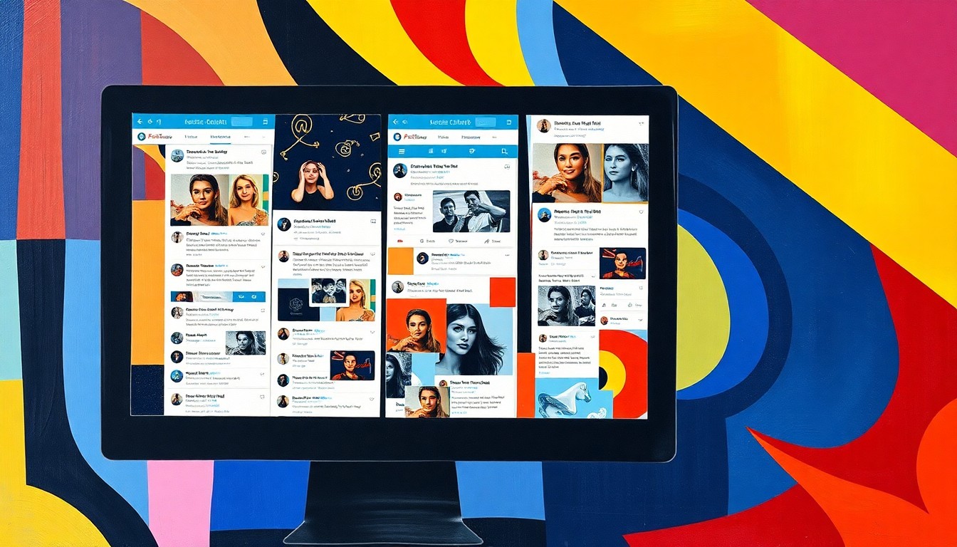 A fractured, abstract painting of a social media interface, with overlapping geometric shapes and waves of bright, contrasting colors, conceptually representing the tension between government surveillance and online anonymity.