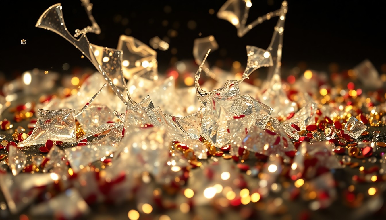 An abstract close-up image of shattered glass and glittering sequins, captured in dramatic high-contrast lighting to convey the captivating yet dangerous nature of romance.