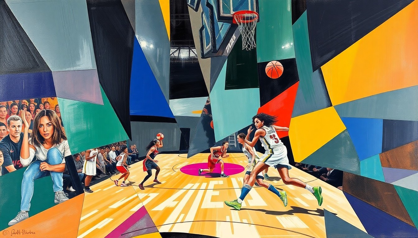 A cubist, geometric painting featuring overlapping planes of bright red, navy blue, and white, capturing the dynamic movement and energy of a WNBA basketball game.