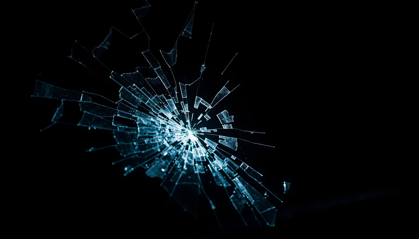 An extreme close-up photograph of shattered car window glass, capturing the dramatic texture and material details under harsh, direct lighting, conceptually representing the devastating impact of a fatal car accident.