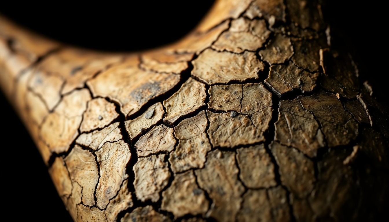 An abstract, high-contrast close-up photograph of a cracked, textured rhino horn, conveying the fragility and value of this endangered material in a conceptual, high-fashion style.
