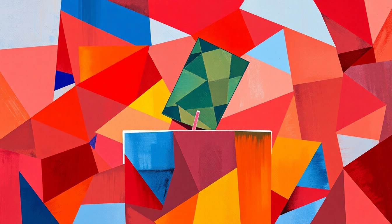 A fractured, overlapping geometric painting in vibrant reds, blues, and yellows, depicting a stylized political symbol related to voting, conveying the heated debate over voter ID laws.