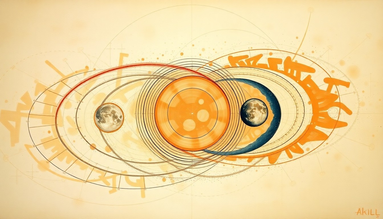 A highly textured abstract painting in earthy tones of ochre, sienna, and indigo, featuring sweeping geometric arcs, concentric circles, and precise botanical spirals, conceptually representing the complex forces and concepts of the Artemis II mission to the moon.