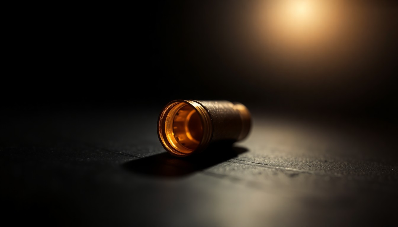 An extreme close-up photograph of a spent shell casing on a dark surface, lit by a harsh, direct camera flash, conceptually representing the evidence of a shooting incident.