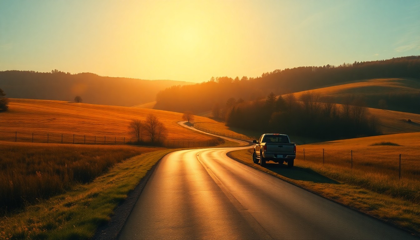 A serene, nostalgic painting of a rural Virginia landscape, with a lone pickup truck parked on a winding country road, capturing the quiet frustration of the region's residents as they face the prospect of diminished political representation.