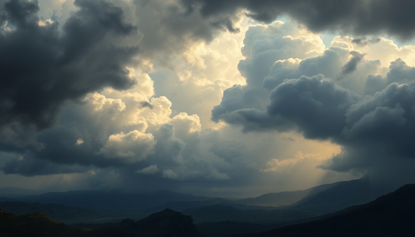 A sweeping, atmospheric landscape painting in muted tones of gray, blue, and green, with a dramatic, stormy sky dominating the frame and obscuring any distinct physical structures or landmarks below.