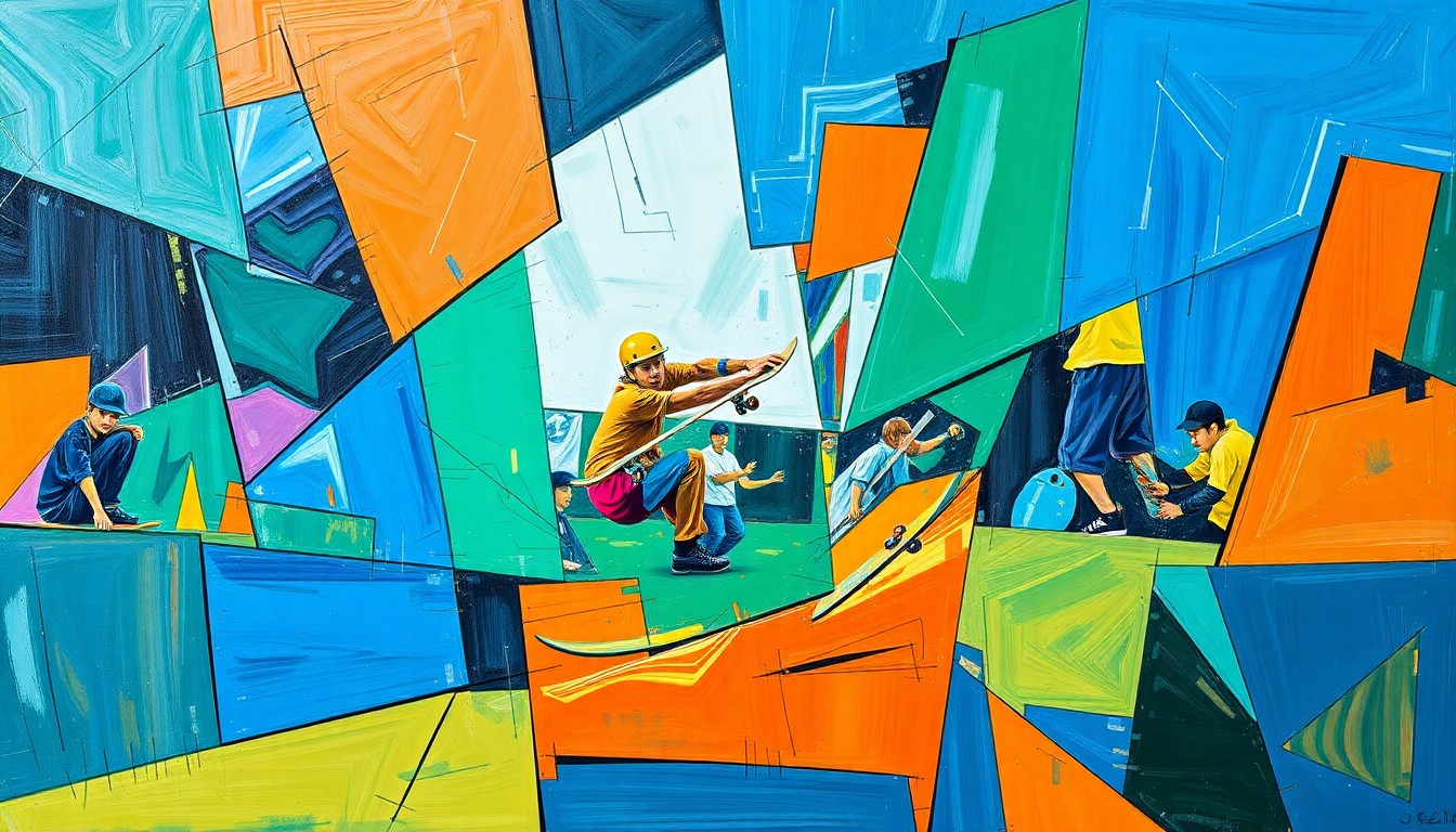 A cubist, geometric painting depicting a fragmented skateboarding competition, with overlapping planes of vibrant blues, greens, and oranges conveying the dynamic energy of the sport.