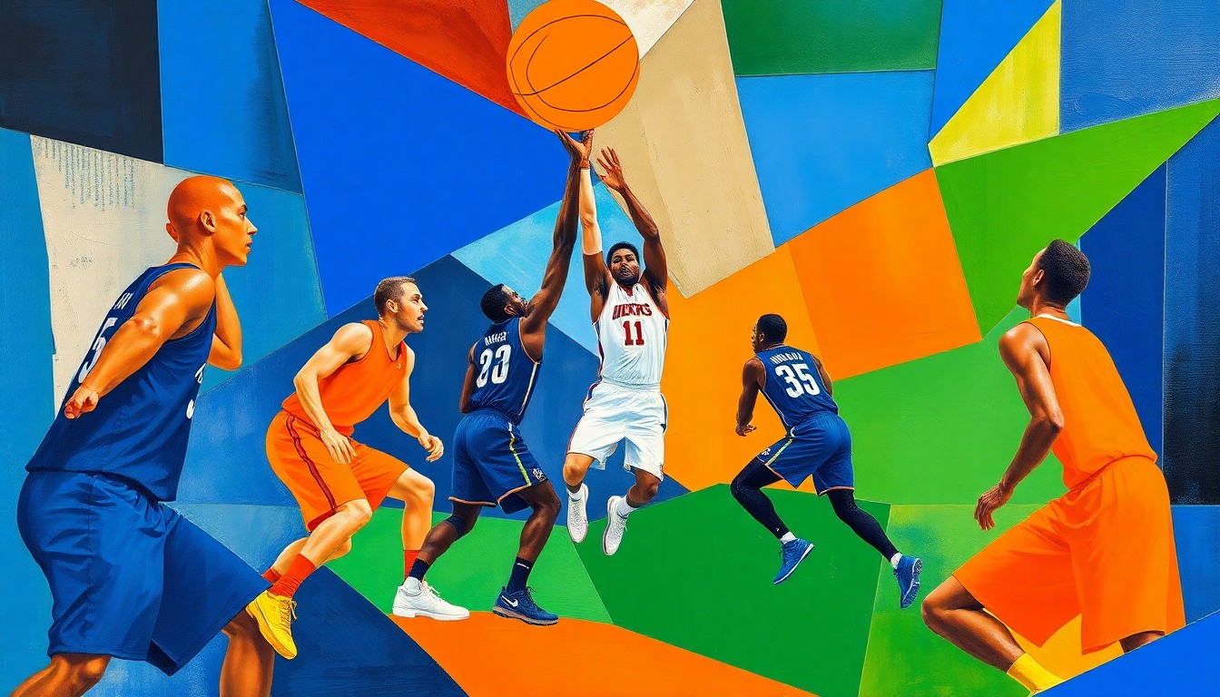 A fragmented, geometric painting depicting the abstract forms of basketball players in motion, with sharp planes of color and overlapping perspectives capturing the fast-paced nature of the game.