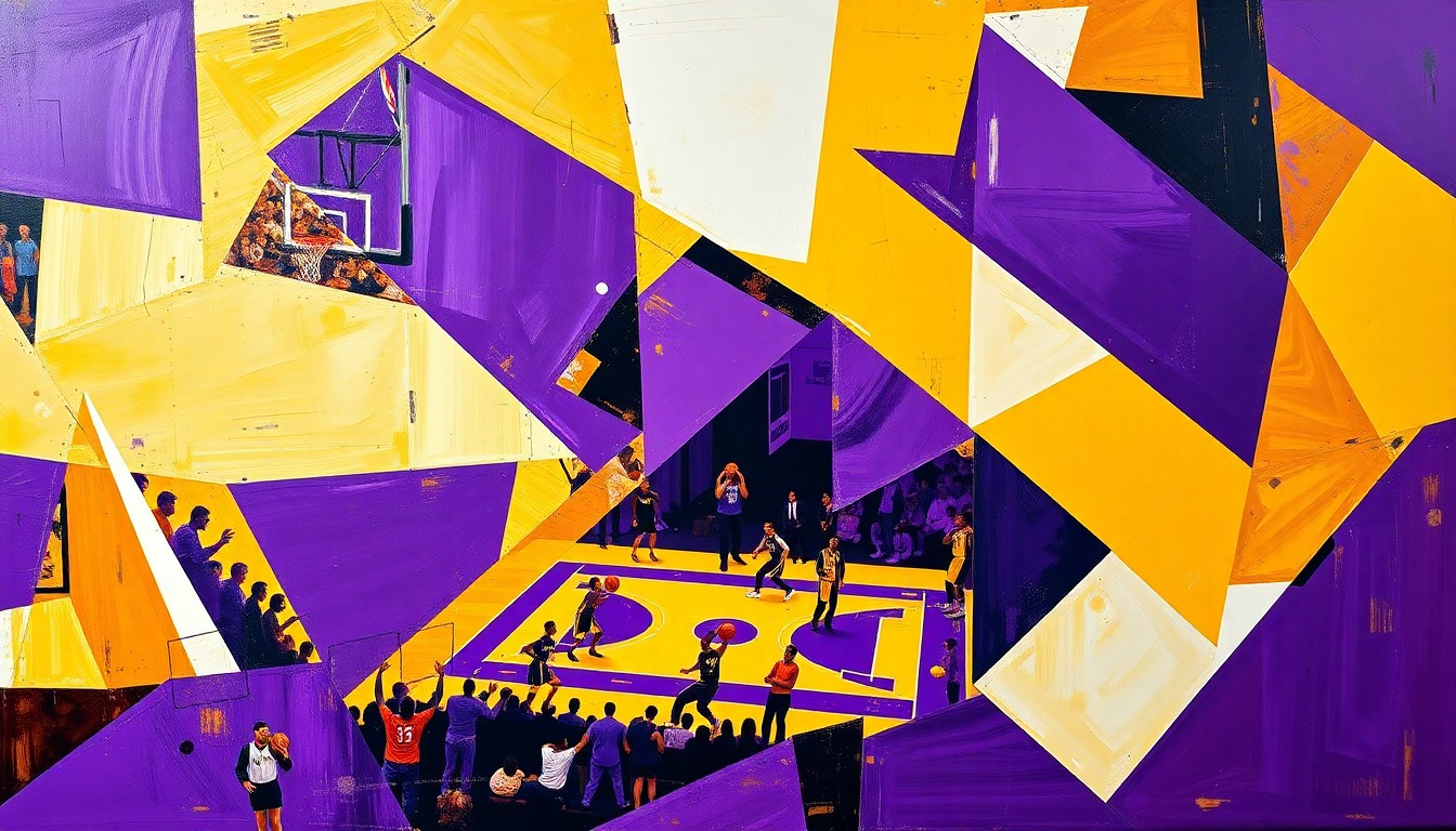 A cubist-style painting depicting a fragmented, multi-angled view of a basketball game, with the players and court broken down into sharp, geometric shapes in the Lakers' colors of purple, gold, and black.