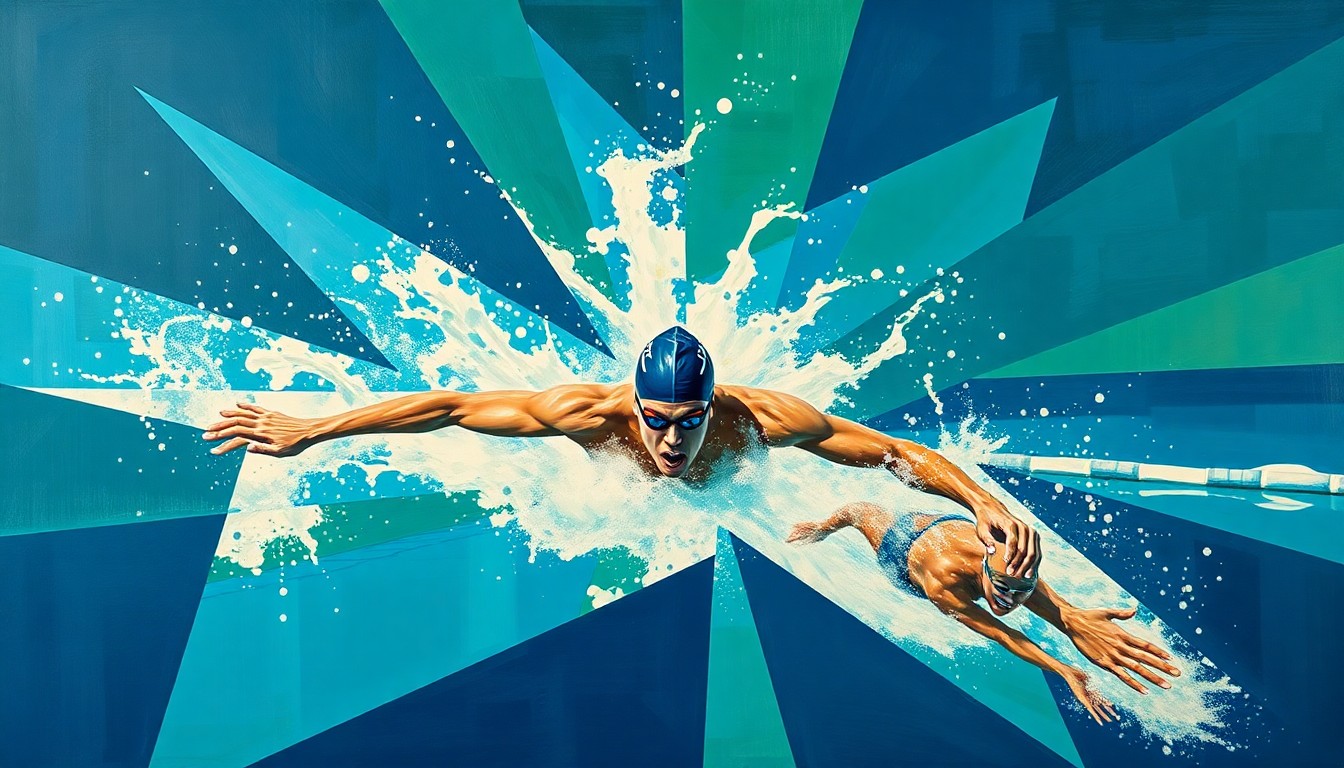A fractured, geometric painting depicting an Olympic swimmer in mid-stroke, with sharp planes of deep blue, green, and white overlapping to create a dynamic, abstract representation of the athlete's movement and the challenges they face.