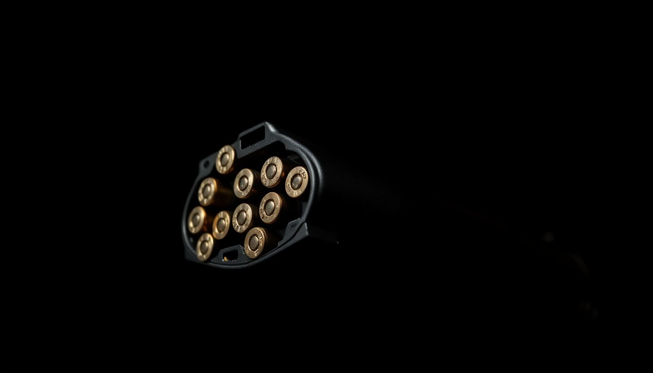 An extreme close-up photograph of a handgun magazine loaded with bullets, lit by a harsh, direct camera flash against a pitch-black background, creating a stark, gritty, investigative aesthetic.