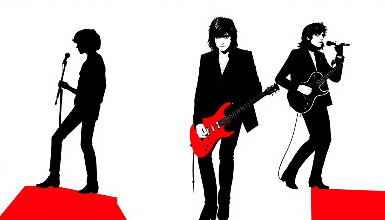 A bold, abstract composition featuring jagged geometric shapes in high-contrast red and white, representing the transformation and energy of Iggy Pop's musical journey.