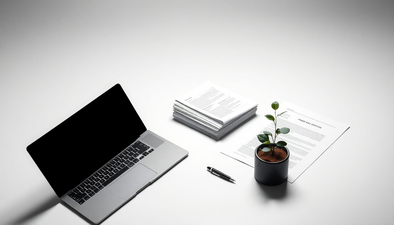 A high-end, photorealistic studio still-life photograph featuring a clean, monochromatic background with a carefully arranged composition of premium, polished objects representing the key elements of the BOSS initiative, including a sleek laptop, a stack of business documents, a pen, and a small potted plant symbolizing growth and sustainability.