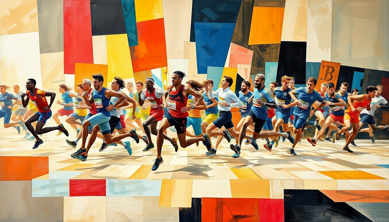 A fragmented, geometric painting depicting runners in motion, with overlapping planes of color and form representing the competitive energy of the race.