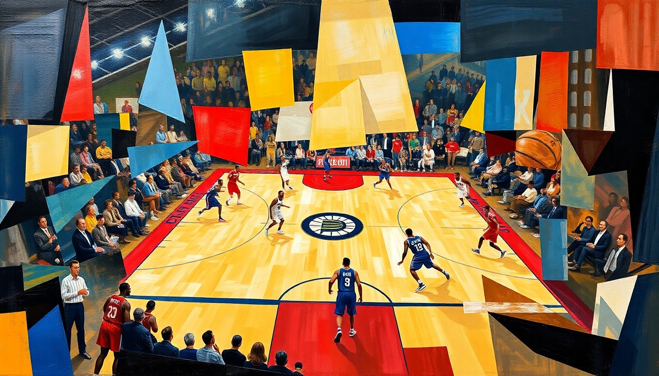 An abstract, cubist-style painting depicting a basketball game between the Detroit Pistons and Indiana Pacers. The players' movements and the court's layout are broken down into sharp, overlapping geometric shapes and planes, creating a dynamic and visually striking composition.