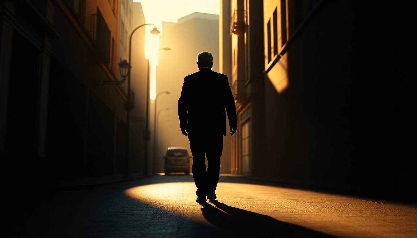 A cinematic painting of a lone figure walking down a shadowy urban street, with warm diagonal sunlight and deep contrasting shadows, conveying a sense of political nostalgia and isolation.