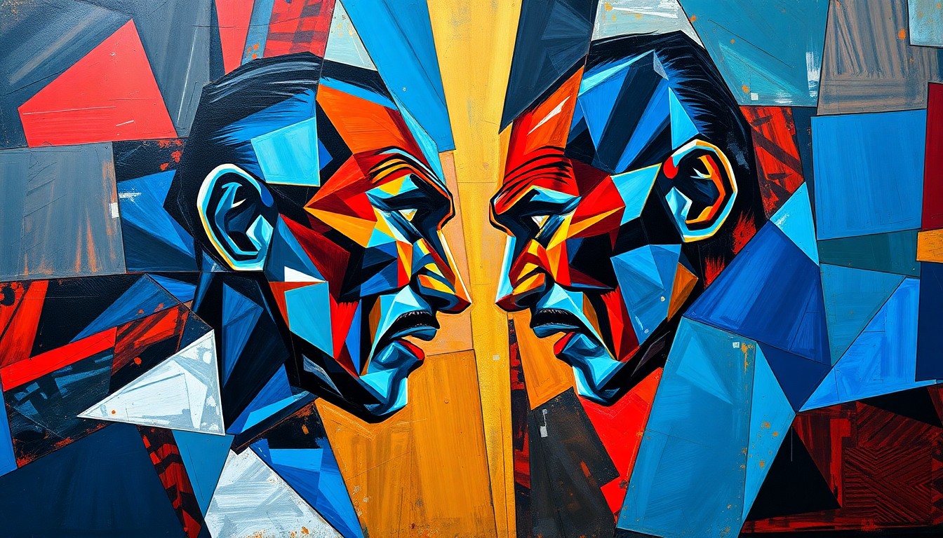 A cubist, geometric painting depicting the chaotic energy of a UFC lightweight title fight, with sharp planes of color and overlapping shapes representing the dynamic action in the Octagon.