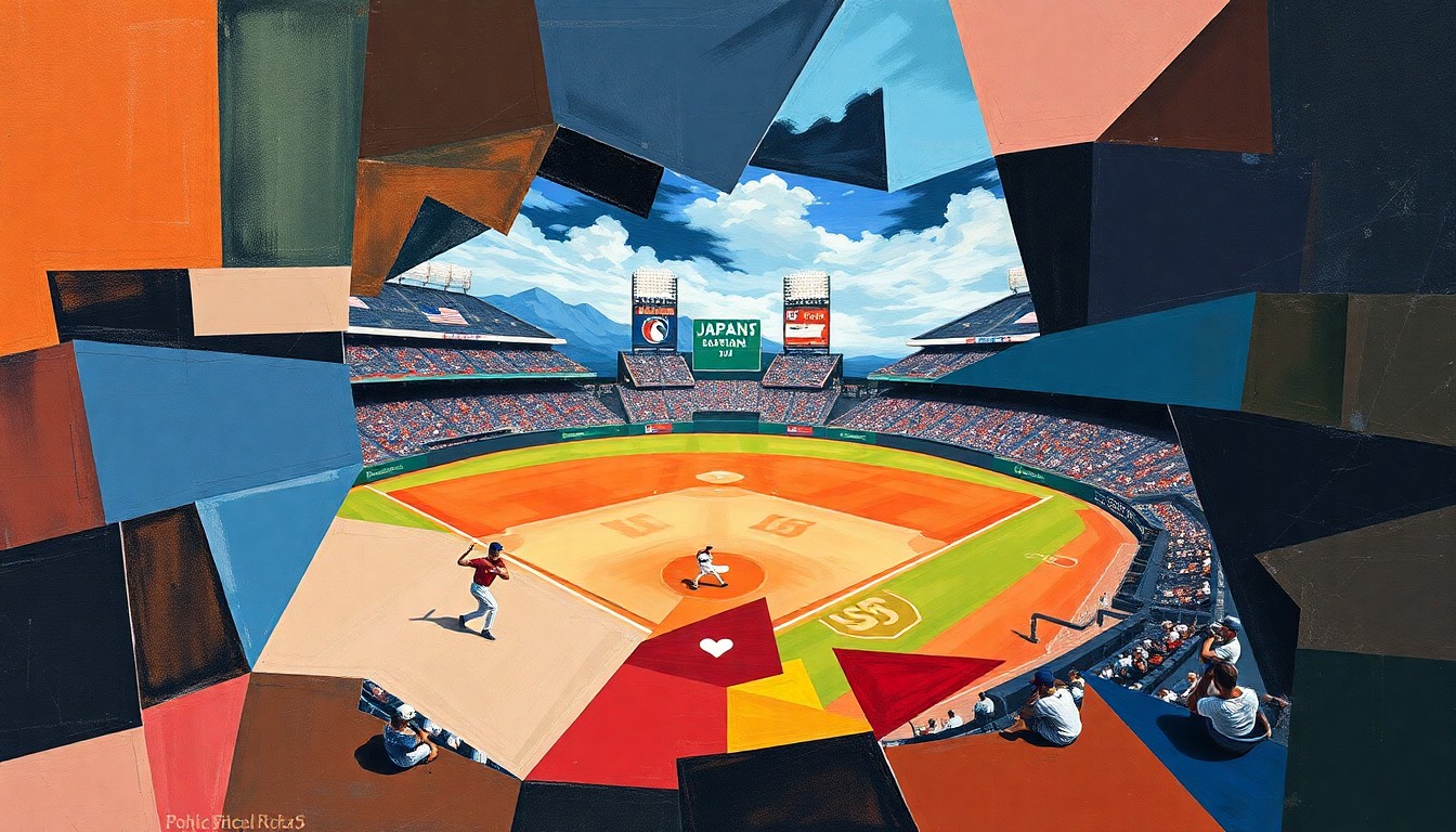 A cubist-style painting depicting a baseball game between Japan and the United States, with the players and field broken down into sharp, overlapping geometric shapes and planes in a vibrant color palette.