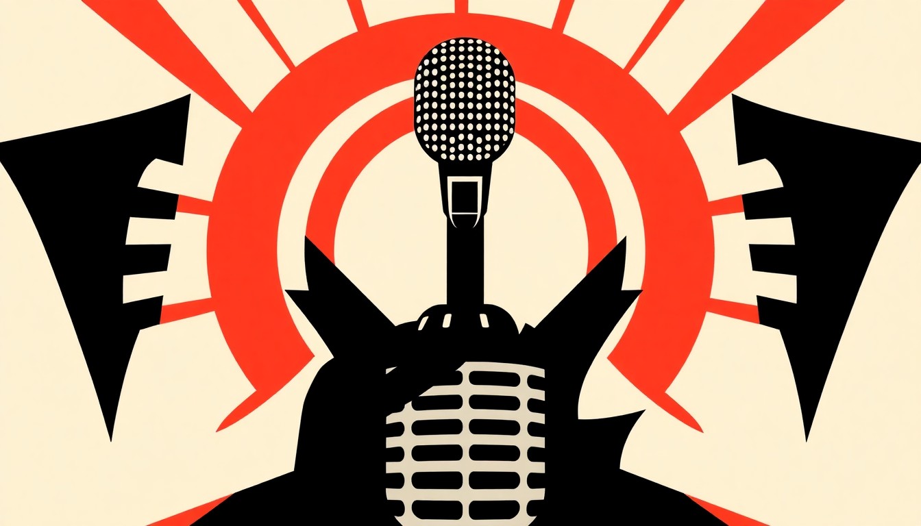 A striking black silhouette of a vintage microphone set against a bold red background, conceptually representing the changing landscape of country radio.