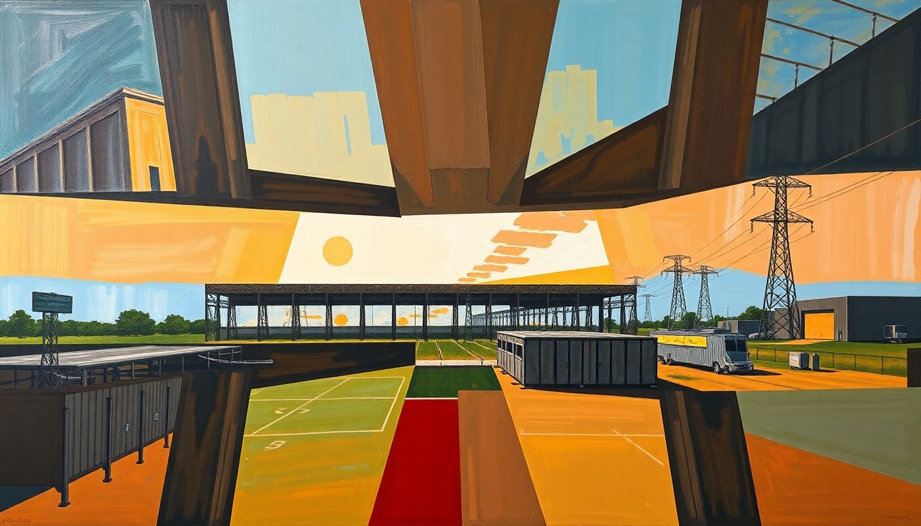 A fractured, geometric painting depicting the 49ers' practice facility and a nearby electrical substation, with the structures broken down into sharp, overlapping planes of color, conceptually representing the tension between the players' concerns and the scientific evidence regarding the substation's safety.