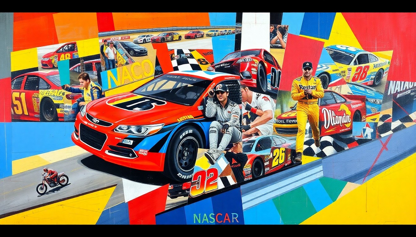 A cubist, geometric painting depicting various fragmented NASCAR racing scenes, cars, and drivers, with vibrant colors and sharp, overlapping planes.