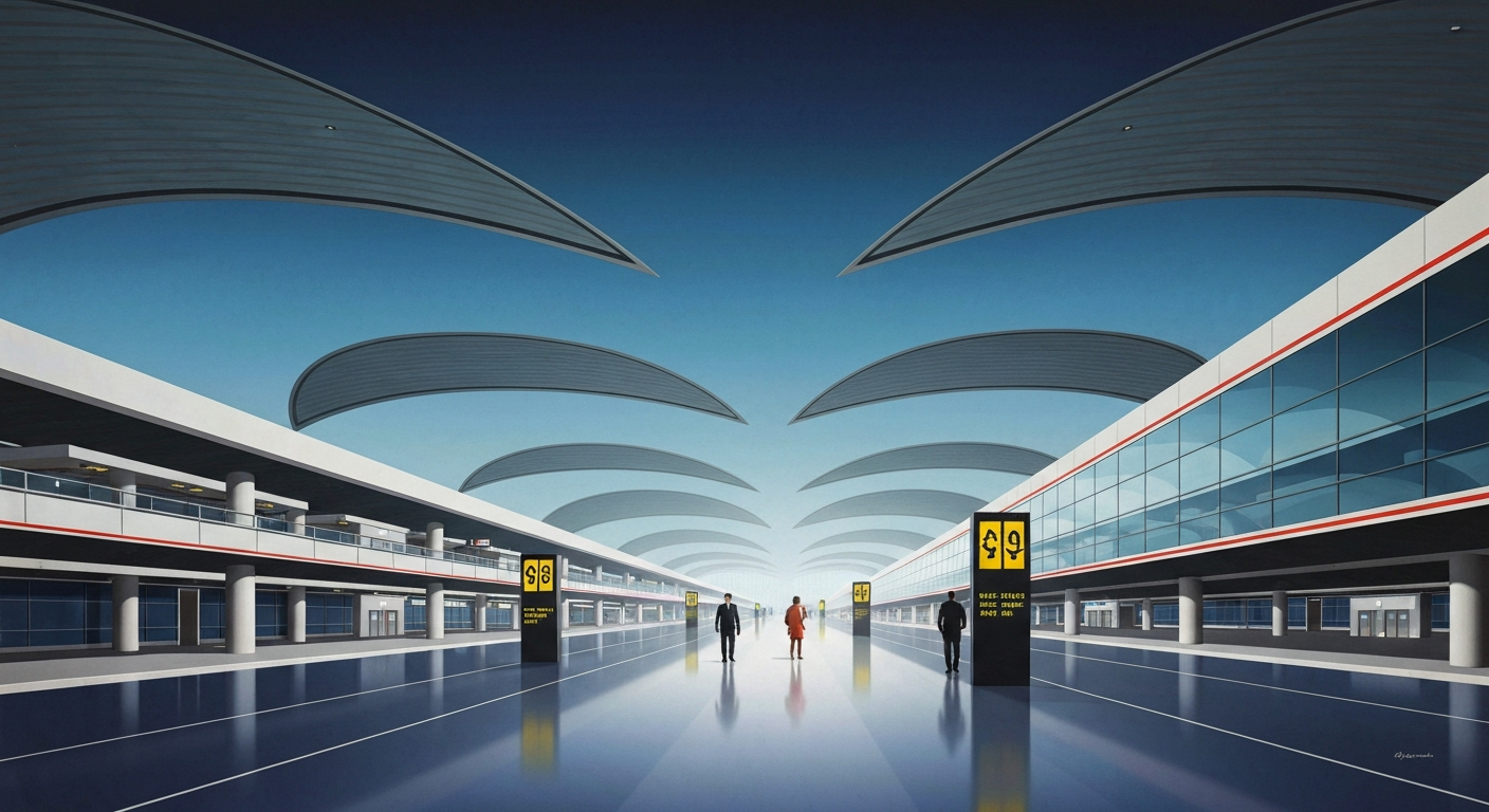 A highly stylized, geometric illustration in the Art Deco style, depicting the sweeping, monumental architecture of a major airport terminal. The image conveys a sense of scale and movement, without any specific details or text, capturing the broader impact of the temporary shutdown at Newark Airport.