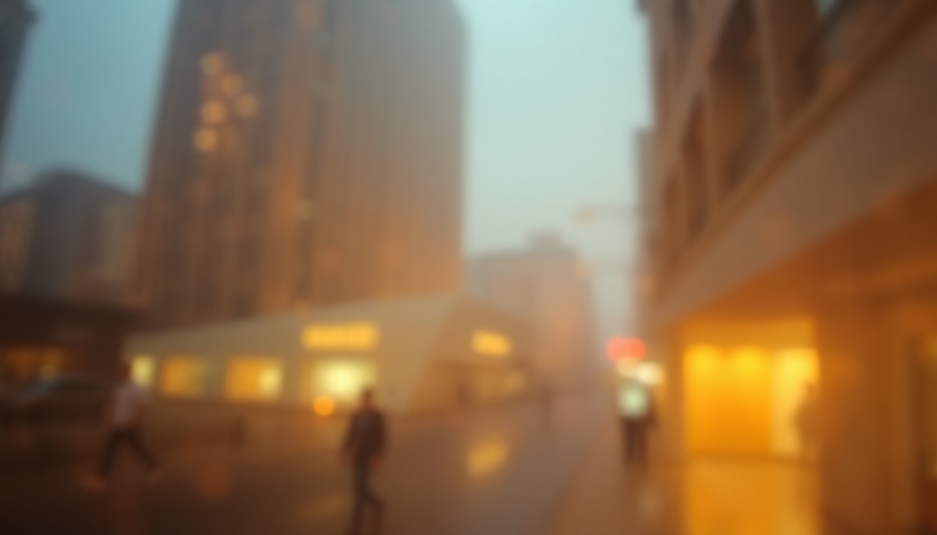 An extremely abstracted, out-of-focus photograph in warm tones depicting a hazy, dreamlike scene of the former location of the Mandarin Oriental Hotel, with only faint outlines and soft pools of light remaining, conceptually representing the loss of a landmark and the impermanence of the built environment.