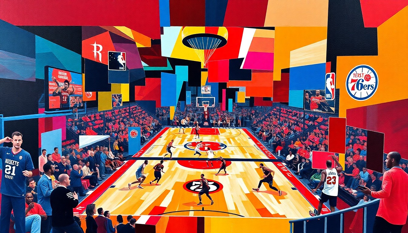 A fractured, geometric painting in vibrant colors representing a basketball game between the Houston Rockets and Philadelphia 76ers, with overlapping planes and perspectives conveying the dynamic action on the court.