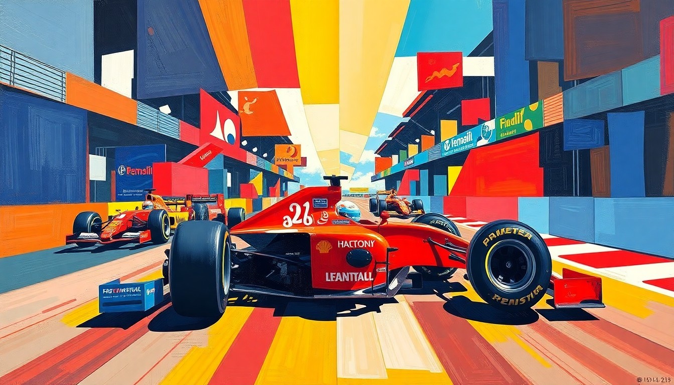 A cubist-style painting depicting a fractured, multi-perspective scene of a Formula 1 race, with sharp, overlapping geometric planes in vibrant colors of red, blue, and yellow, capturing the strategic complexity of the unexpected break in the racing calendar.