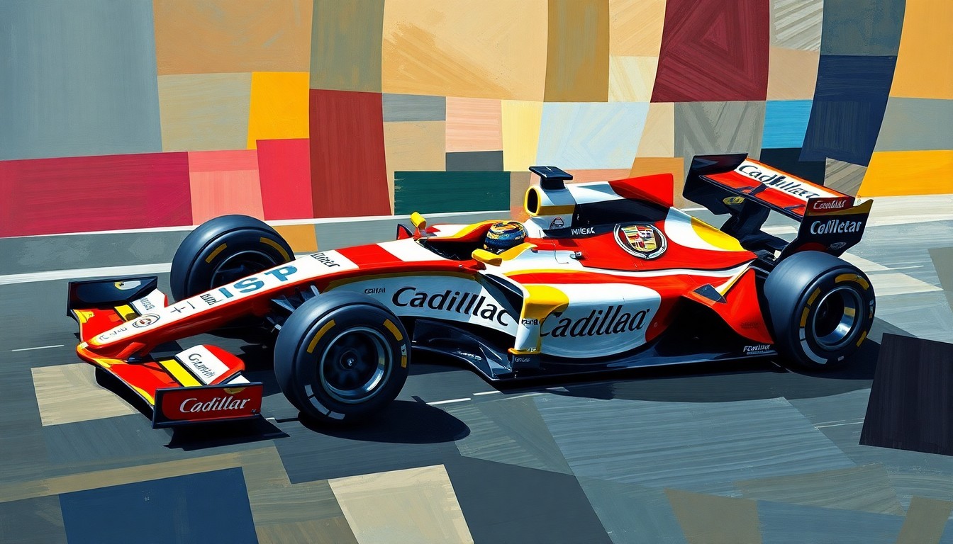 A cubist, geometric painting depicting a Formula 1 car in motion, with the vehicle's form broken down into sharp, overlapping planes of the Cadillac team's official colors, conceptually representing the team's need to find a balance between innovation and stability in their pursuit of improved performance.